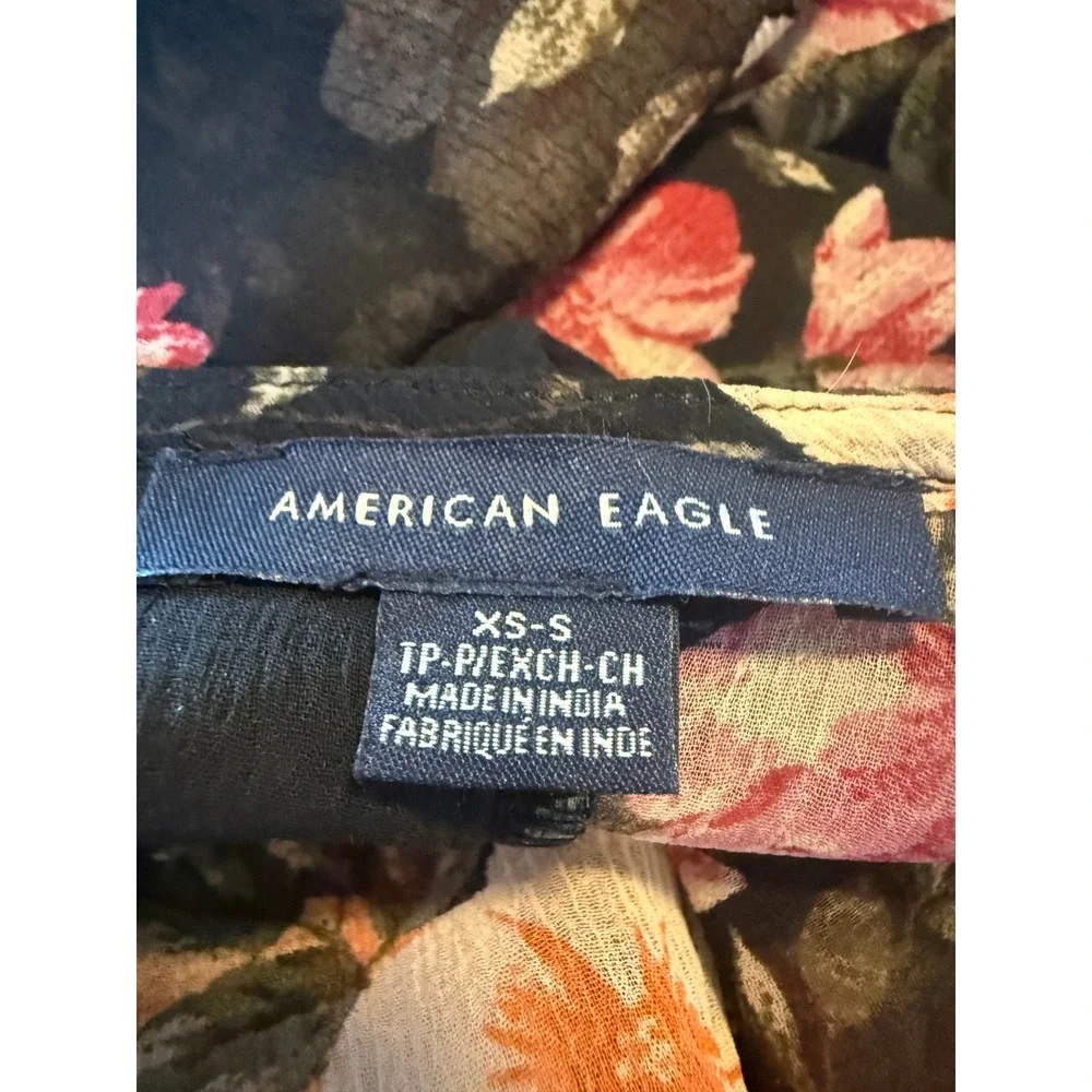 AmericanEagle Floral Kimono Duster Black Pink Sheer whimsigoth Coverup XS S boho